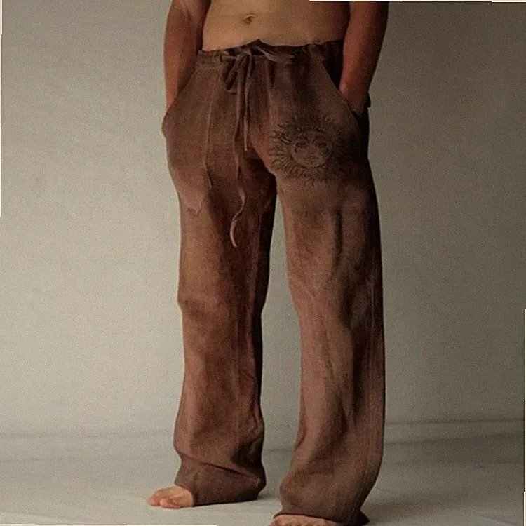 Herren Baumwolle-Leinen Hose Stoffhose Kordelzug Jogginghose Sommer Freizeit