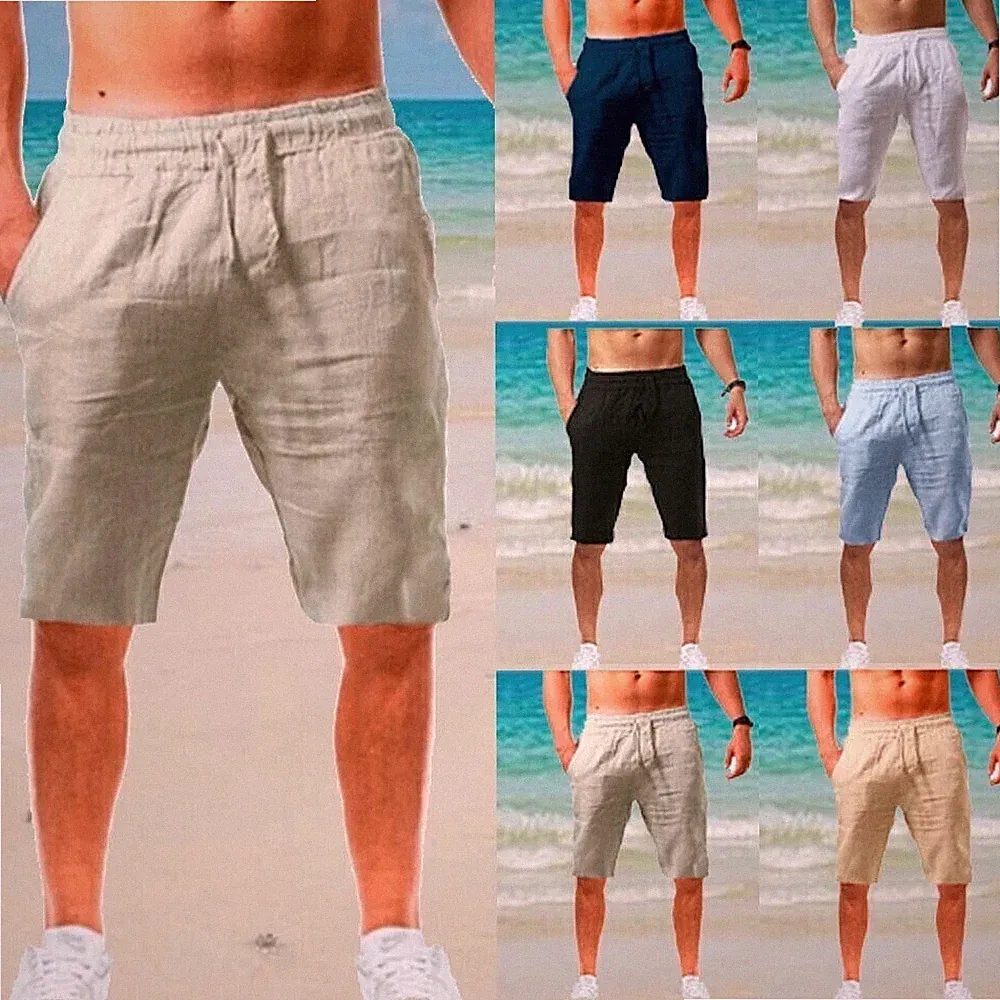 Herren Baumwolle Leinen Shorts kurze Hose Sommer Bermuda Jogginghose Strandhose
