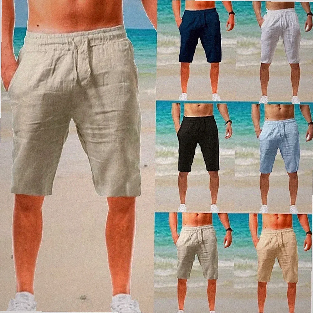Herren Baumwolle Leinen Shorts kurze Hose Sommer Bermuda Jogginghose Strandhose
