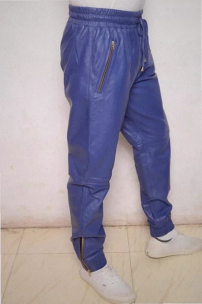 Herren Blau Echtleder Jogginghose Elastischer Bund Reißverschlusstasche...