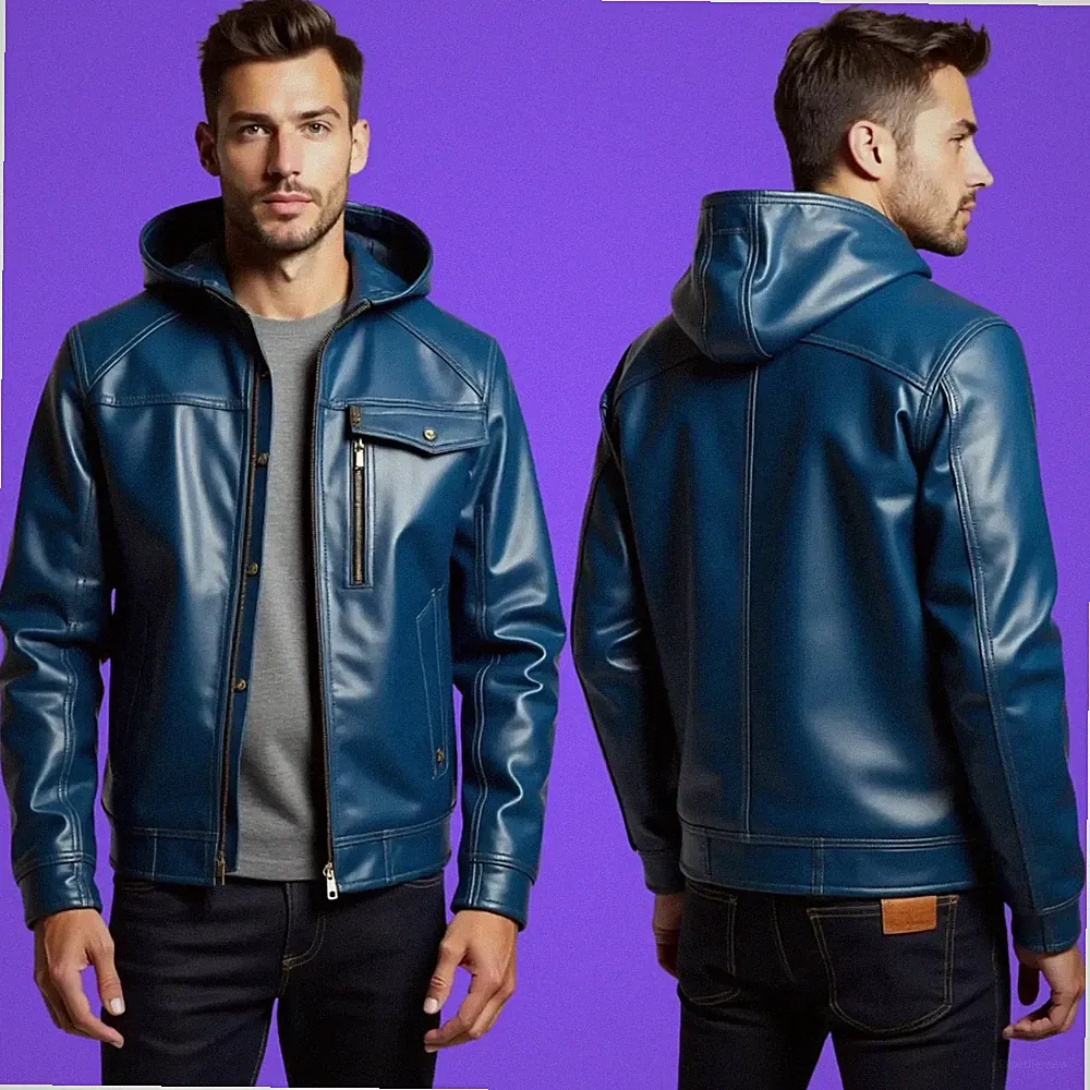 Herren Blau Leder Hoodie Echtes Lammleder Handgefertigte Freizeitkleidung