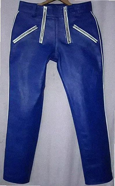 Herren Blau Motorrad Leder Biker Hose| Echt Lammleder Leder Polizei Hose 34