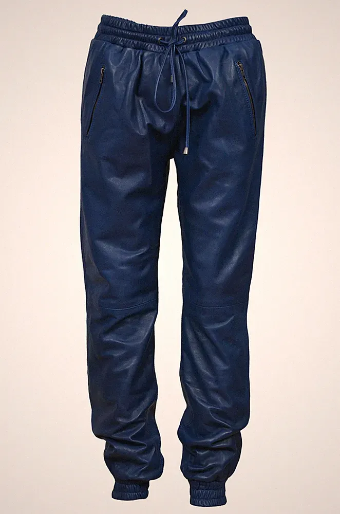 Herren Blaue Zafy Leather Lammleder Sweat Pants Jogger Hose Mit Reißverschluss