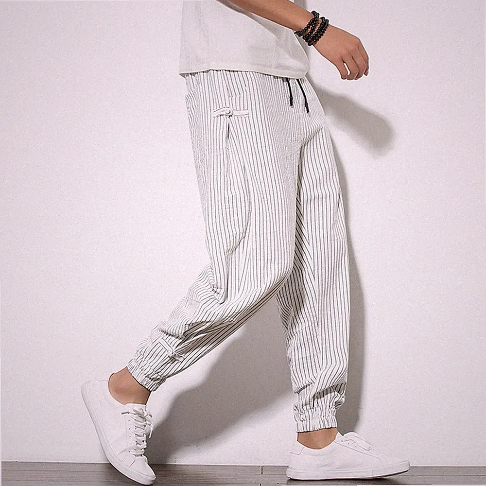 Herren Boho Gestreift Capri Hose Gummibund Konisch Hose Jogginghose Haremshose
