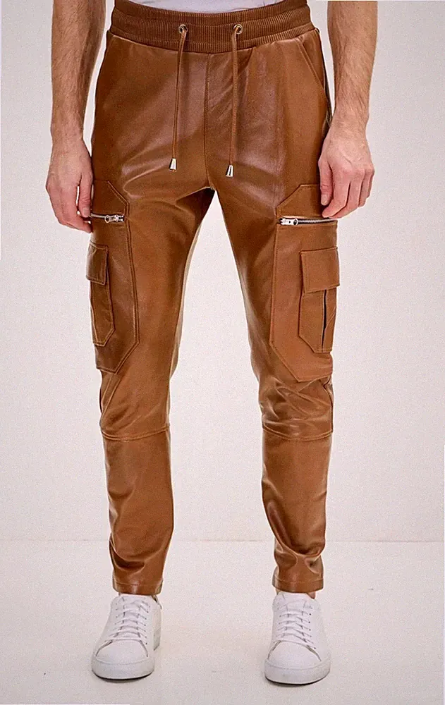 Herren Braun Cargo Biker Lederhose| Echt Lammfell Leder Jogginghose Hose 34.