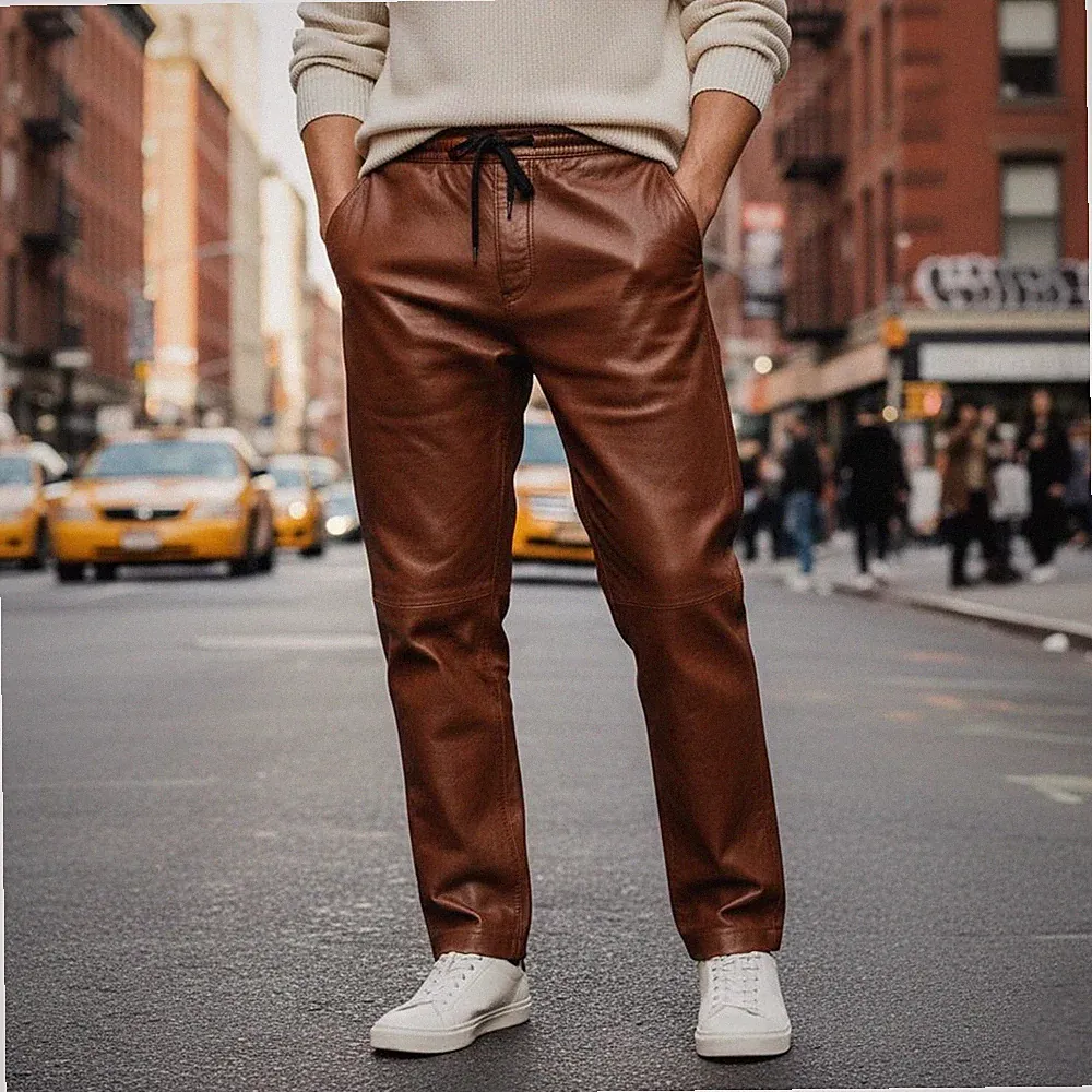 Herren Braun Leder Jogginghose | Echtes weiches Lammleder Maßhose 34.