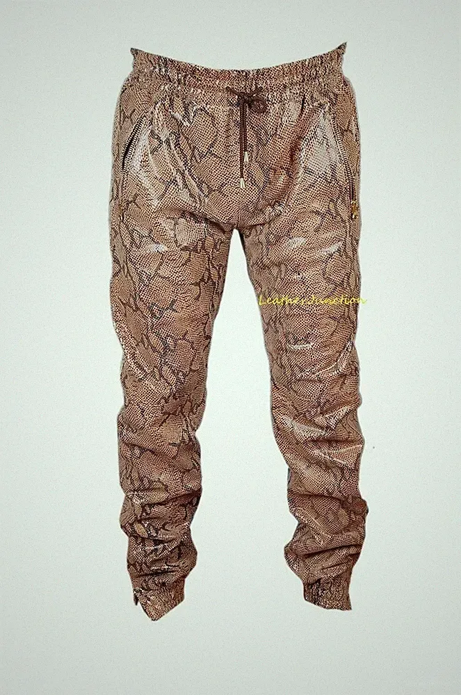 Herren Braun Schlangenmuster Echtleder Jogginghose Elastischer Bund Track...