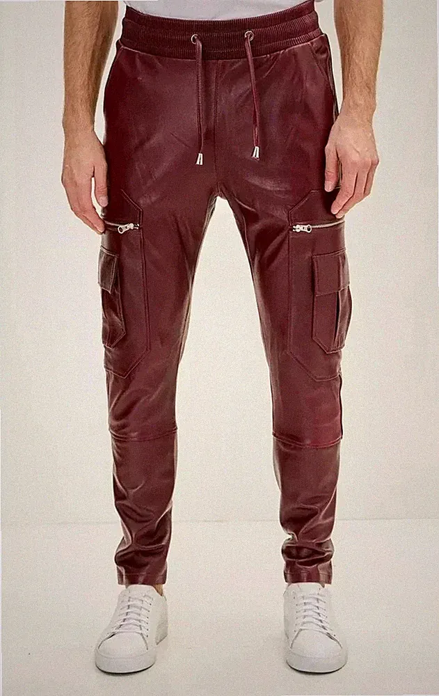 Herren Burgunder Cargo Biker Lederhose | Echt Lammfell Leder Jogginghose Hose.