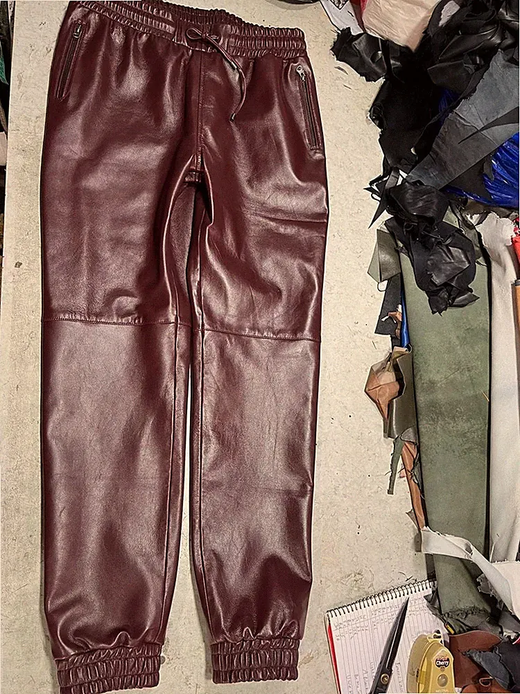 Herren Burgunder Leder Sweat Pant| Echt Lammleder Leder Jogginghose Hose 34.