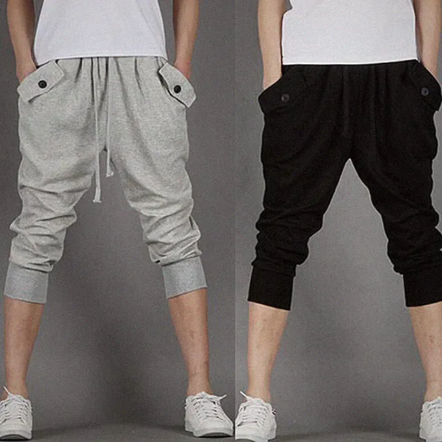 Herren Capri Jogginghose Sweatpants Kordel Taschen Trainingshose Grau Schwarz