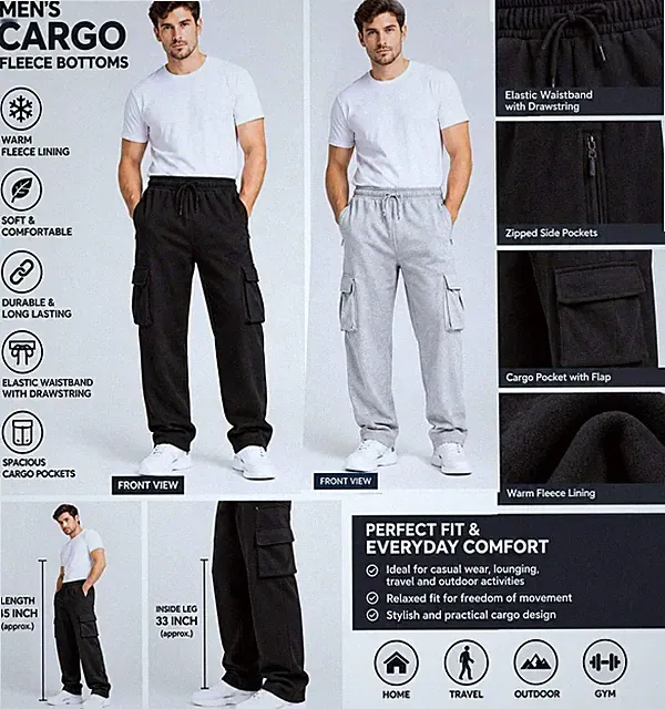 Herren Cargo Fleece Hose Warm Unterteil Gummibund Jogginghose Freizeithose
