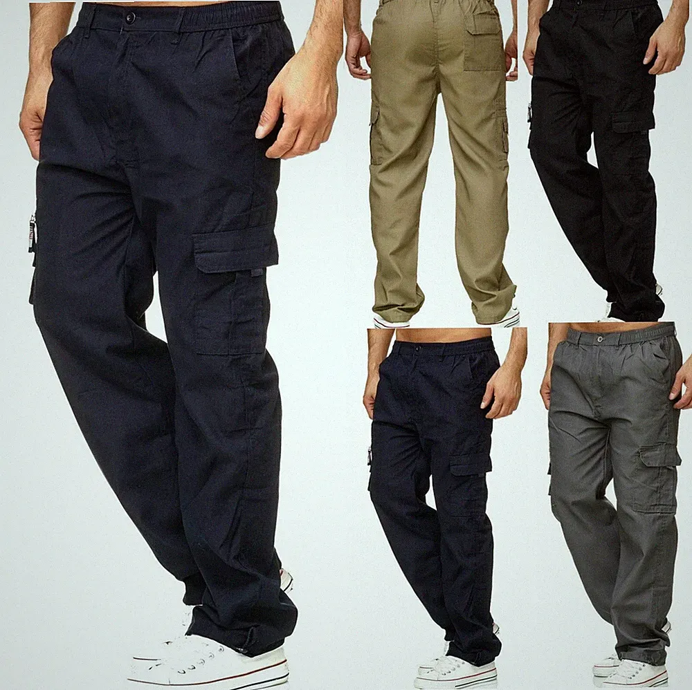 Herren Cargo Hose Stoffhose Taschen Dehnbund Freizeit Arbeitshose Cargohose 20