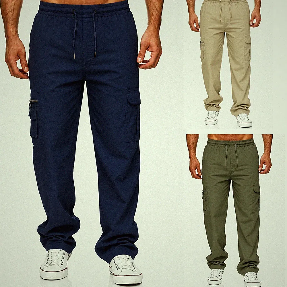 Herren Cargo Hose Stoffhose Taschen Dehnbund Freizeit Arbeitshose Cargohose