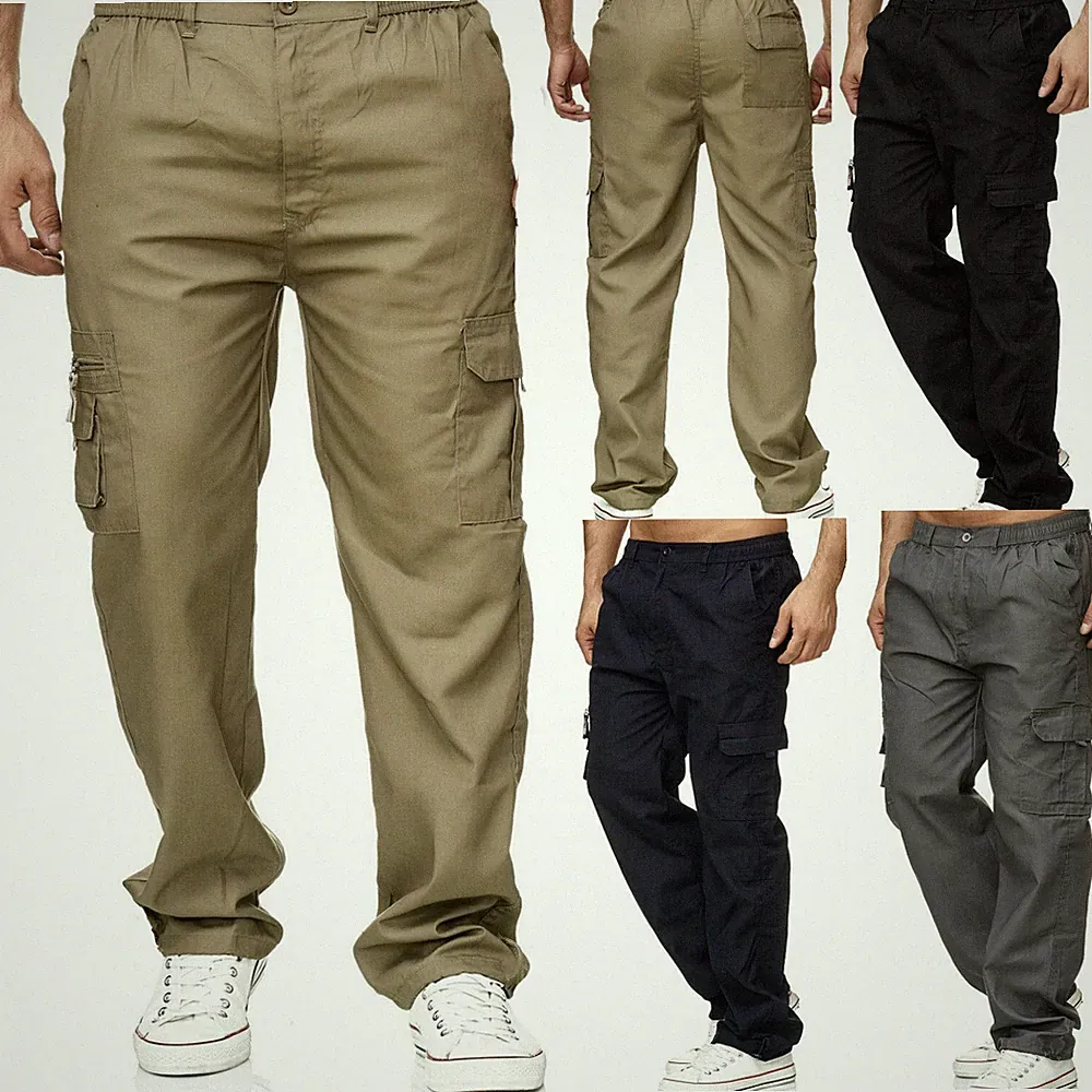 Herren Cargo Hose Stoffhose Taschen Dehnbund Freizeit Arbeitshose Cargohose 6