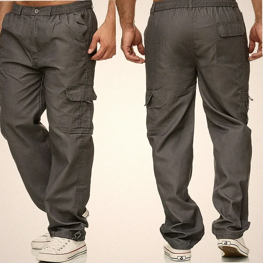 Herren Cargo Hose Stoffhose Taschen Dehnbund Freizeit Arbeitshose Cargohose F