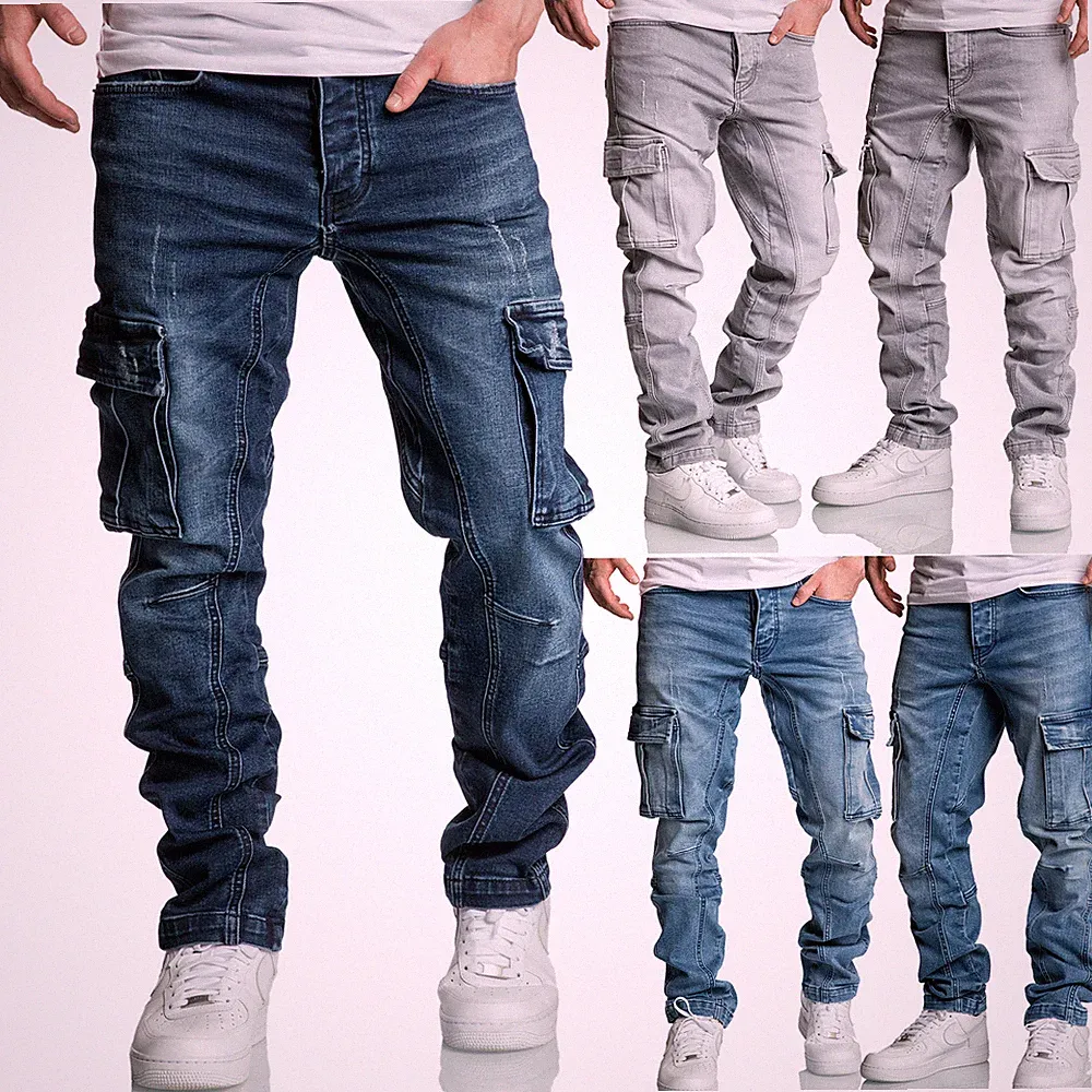 Herren Cargo Jeans Regular Slim Denim Hose Destroyed 7977