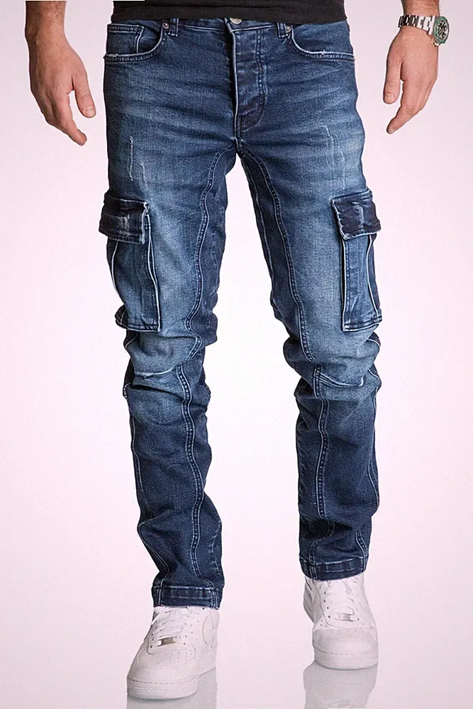 Herren Cargo Jeans Regular Slim Denim Hose Destroyed R7977