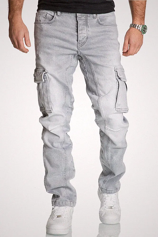 Herren Cargo Jeans Regular Slim Denim Hose Destroyed R7977