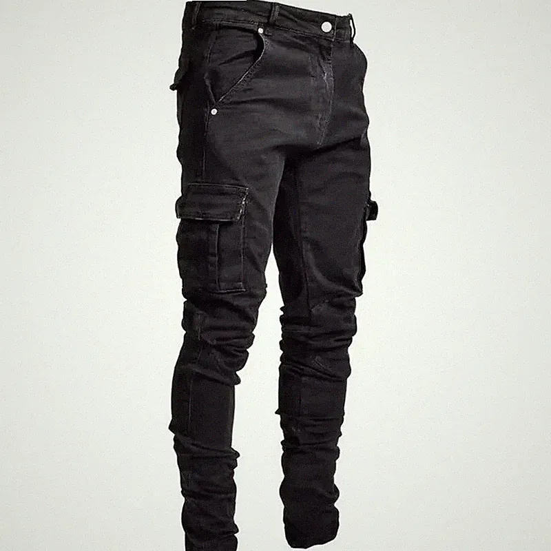 Herren Cargo Jeans Slim Fit Multi Pocket Denim Jogger Freizeithose