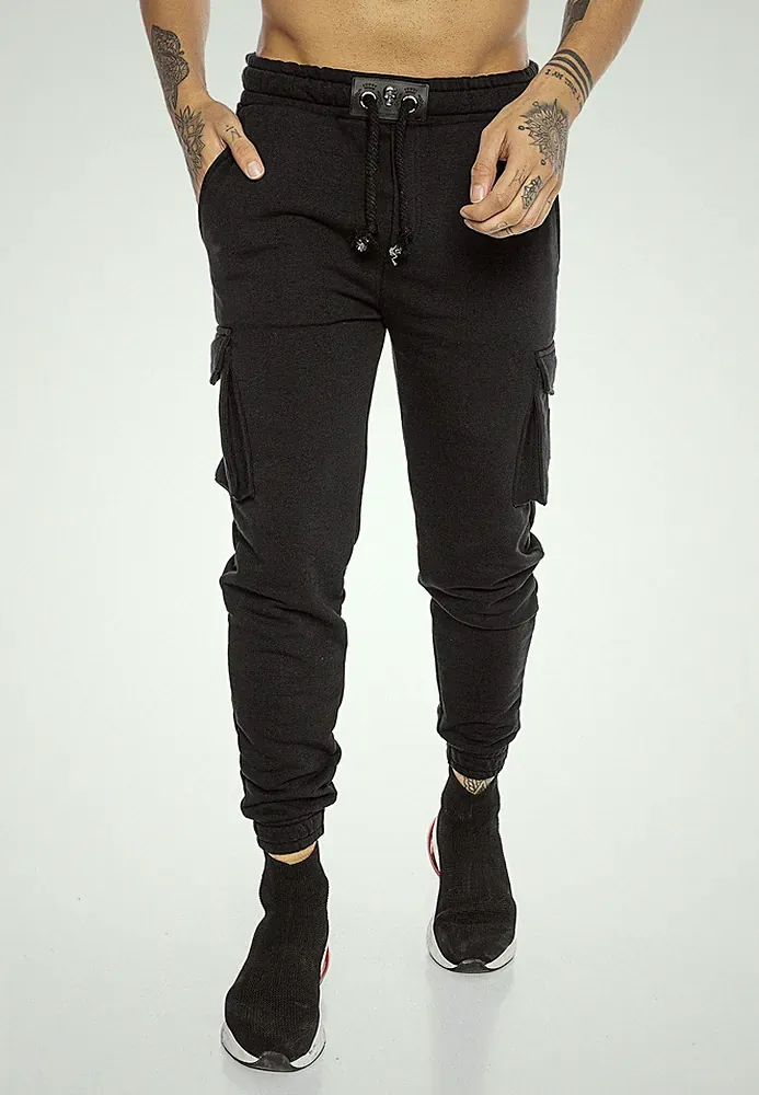 Herren Cargo Jogginghose Hose SweatPants Premium SilverSkull Schwarz XL