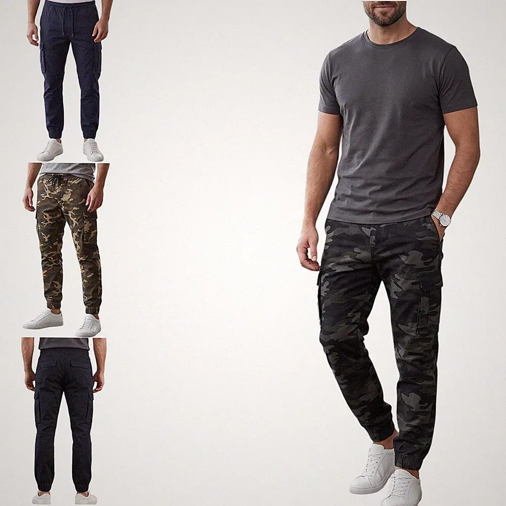 Herren Cargohose Camouflage Jogginghose Regular Fit Beinbündchen weich Freizeithose