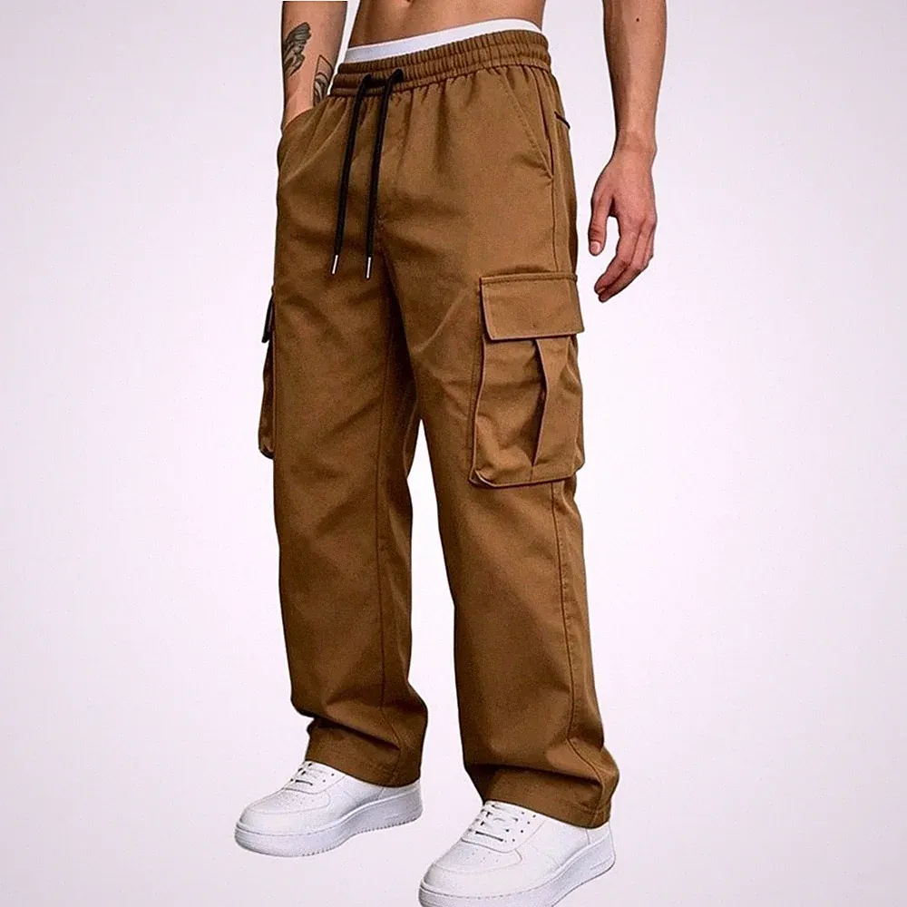 Herren Cargohose einfarbig durchgehender gerader Schnitt für Jogging und Sport