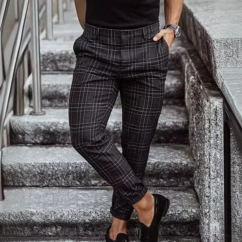 Herren Chinohose Freizeit Kariert Hose,Business Slim Freizeit Hochzeit Anzughose