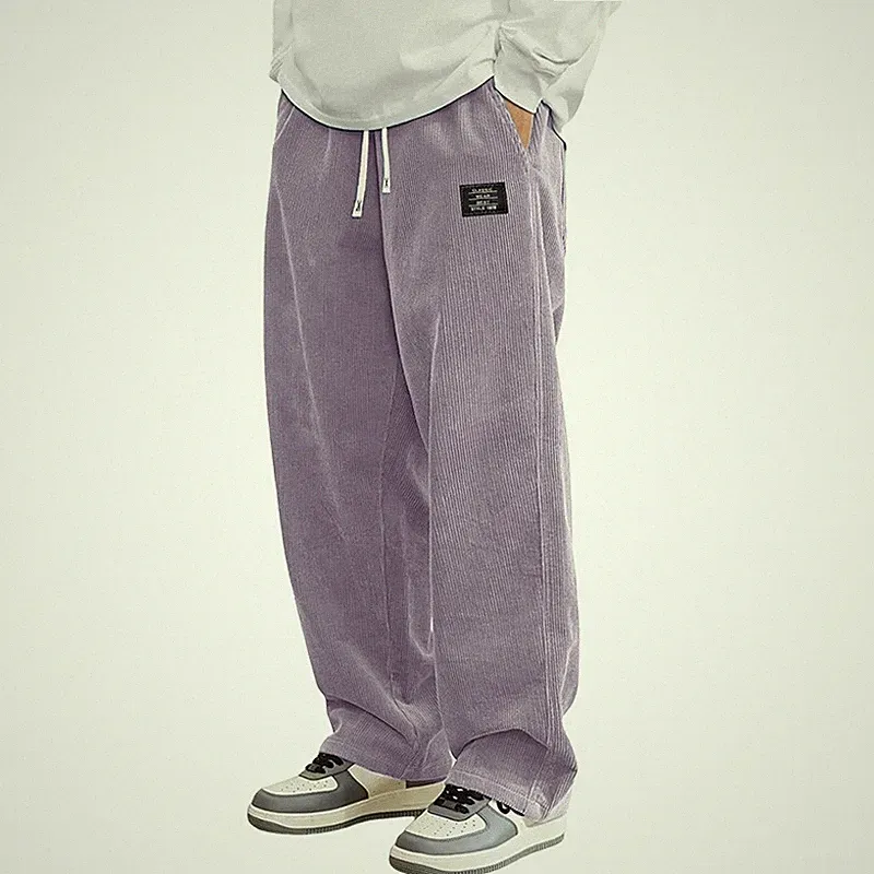 Herren Cord Casual Hosen Mode Lose Fit Hose Gerade Jogginghose Elastische Taille