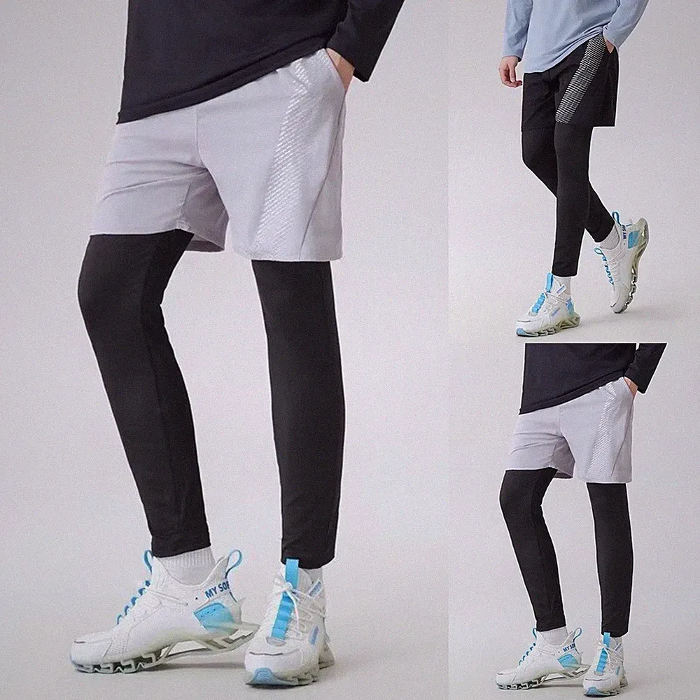 Herren Cropped Quick-Dry Jogginghose 2-in-1 Laufhose Fitness Gym Leggings