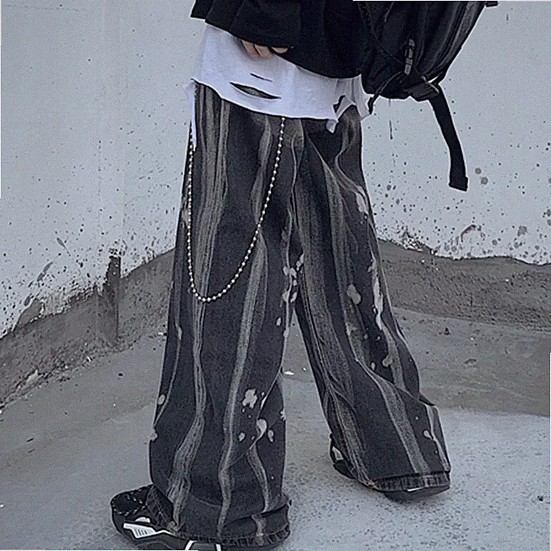 Herren Damen Krawatte Gefärbter Jeans Hose Lang Hose Locker Weites Bein Street
