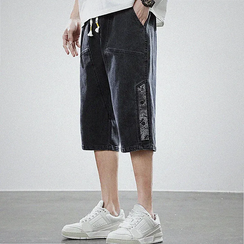 Herren Denim Capri Jogginghose Slim Straight Kordelzug Elastisch Grau Schwarz