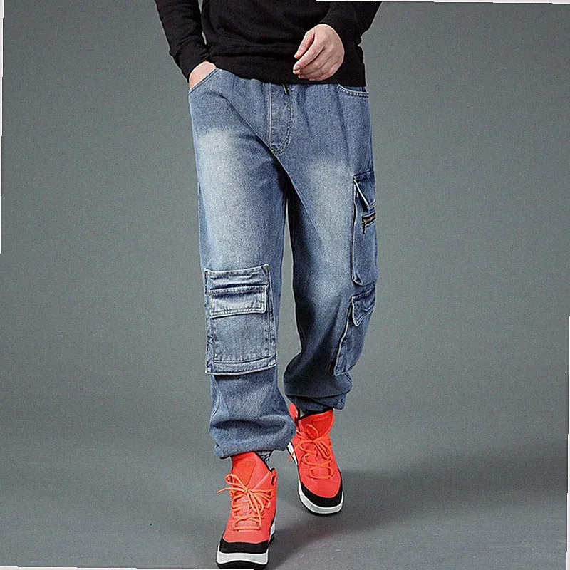 Herren Denim Cargo Jogginghose mit Elastischem Bund Kordelzug Slim Kegel Cuff