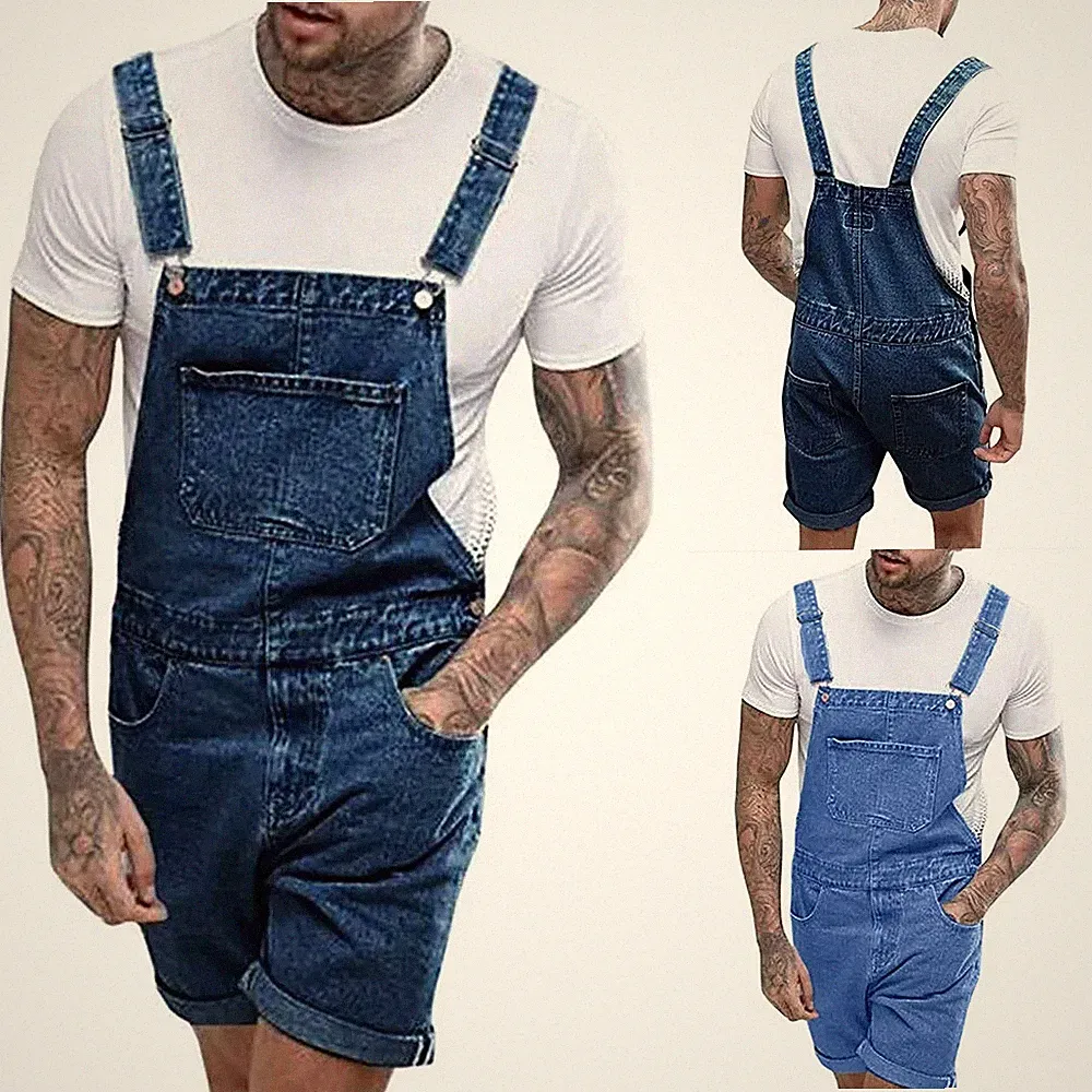 Herren Denim Latzhosen Jeans Kurz Hosen Latzjeans Jeanshose Shorts Freizeithosen