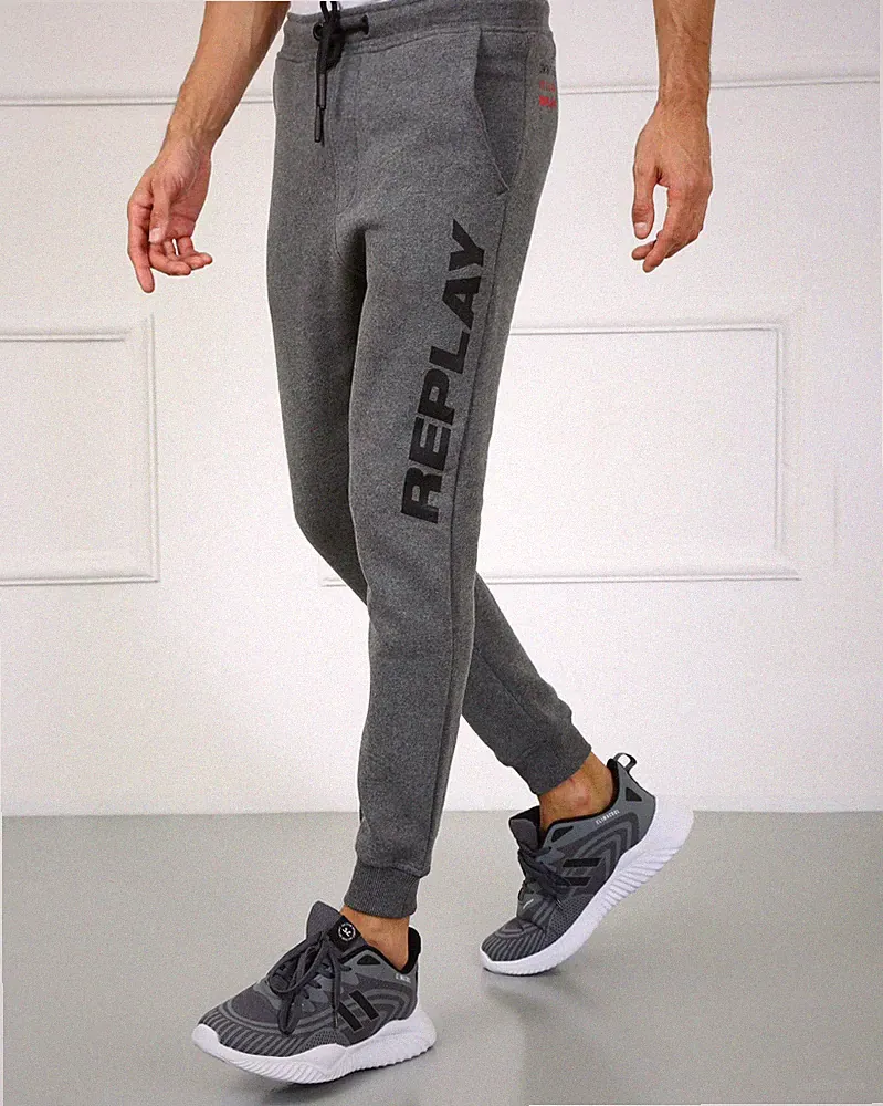 Herren Designer Replay Print Jogginghose Anthrazit Grau Mode Slim Fit Freizeit