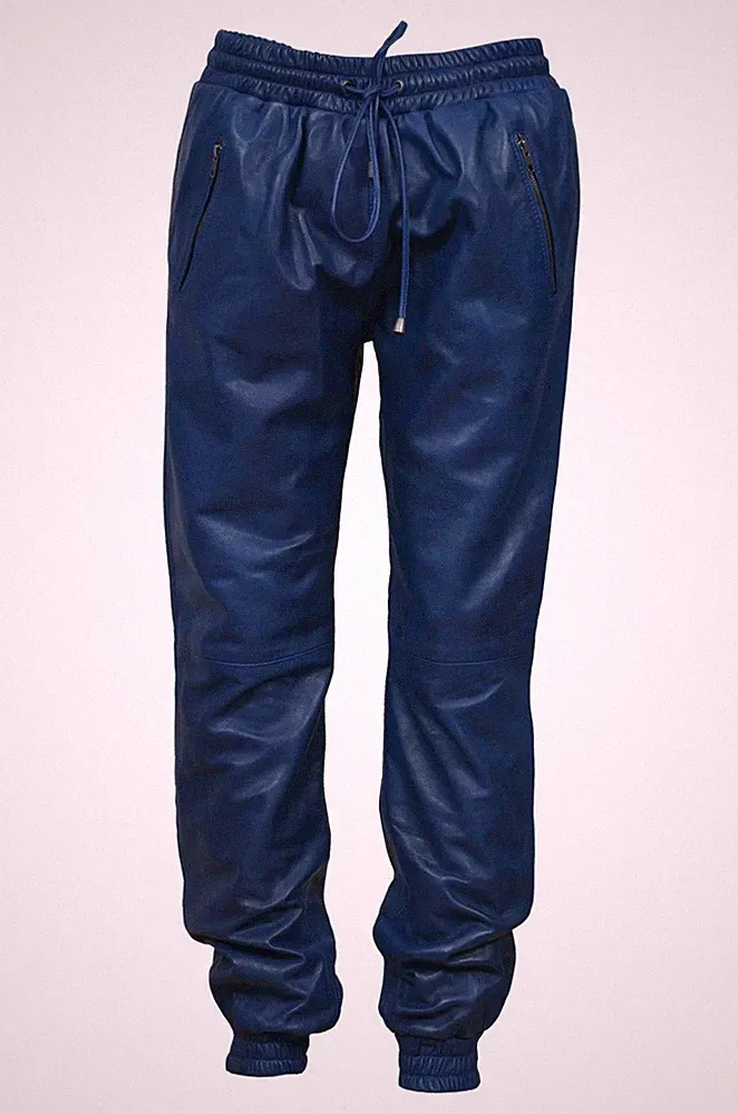 Herren Echt Blau Leder Jogginghose Elastischer Bund Kordelzug...