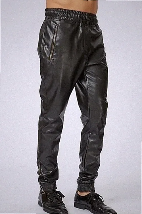 Herren Echt Echtleder Schwarz Biker Jogginghose Slim Fit Freizeithose W34