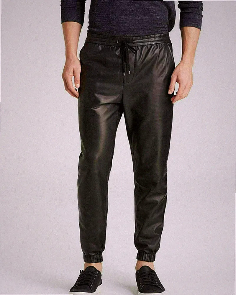 Herren Echt Echtleder Schwarz Biker Jogginghose Slim Fit Freizeithose W34