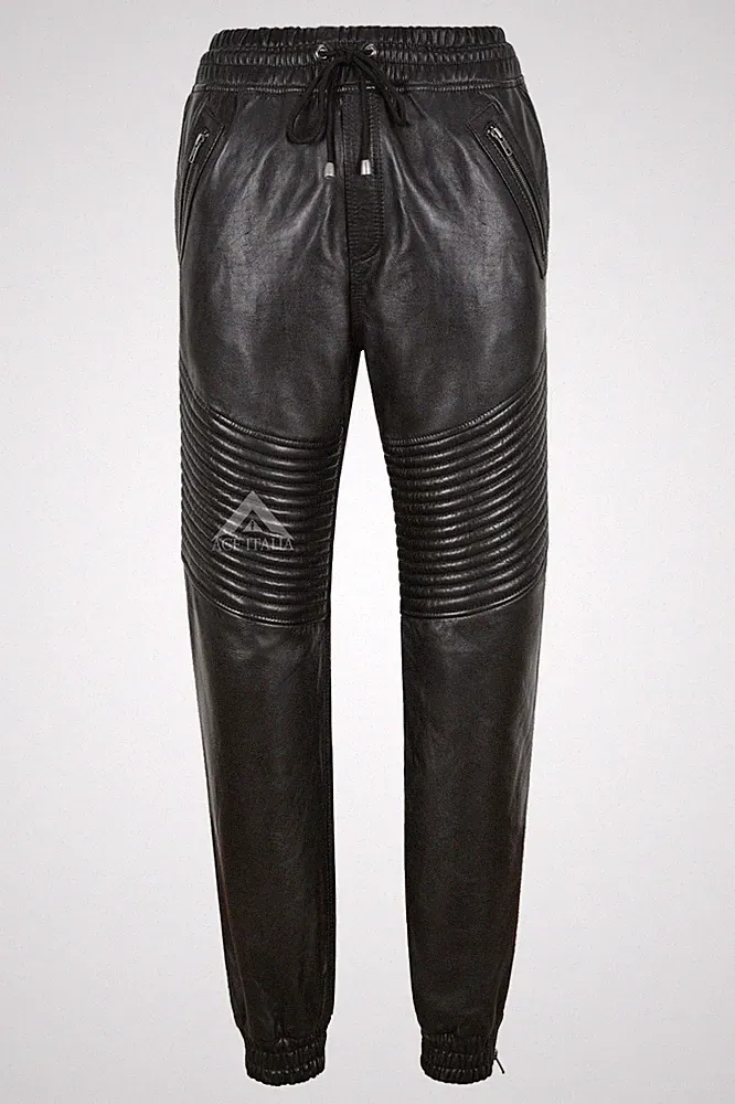 Herren Echt Leder Hose Gesteppt Track Schwarz Napa Pants Jogginghose 4050