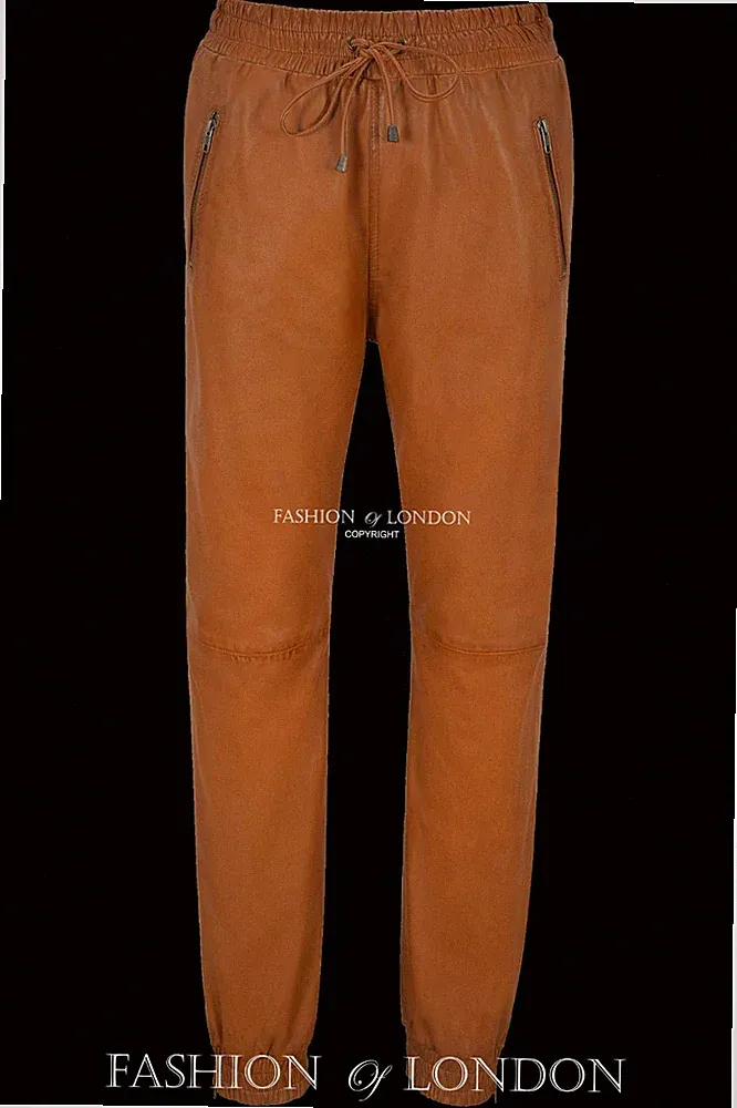 Herren Echt Leder Hose hellbraun Nappa Jogginghose Sweat Trainingshose 3040