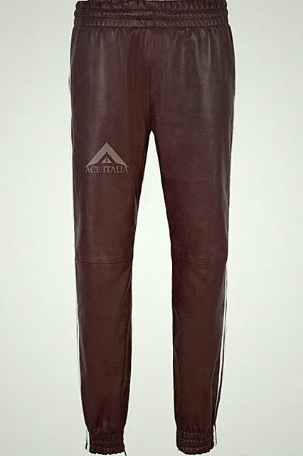 Herren Echt Leder Hose Kirsche mit weißen Trägern weiche Napa Jogginghose 4051