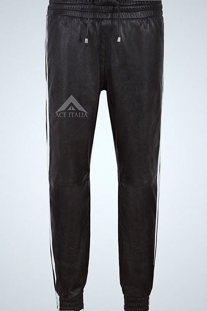 Herren Echt Leder Hose schwarz mit weißen Trägern weiche Napa Jogginghose 4051