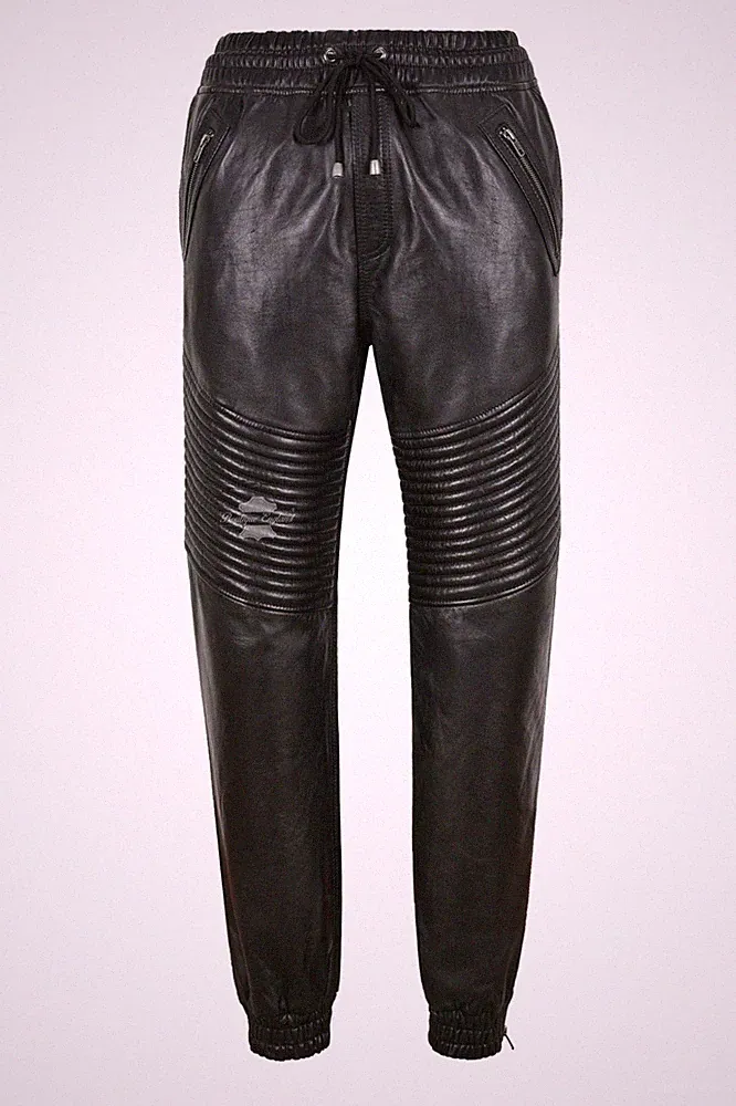 Herren Echt Leder Hose Schwarz Napa Gesteppt Trainingshose Jogginghose 4050