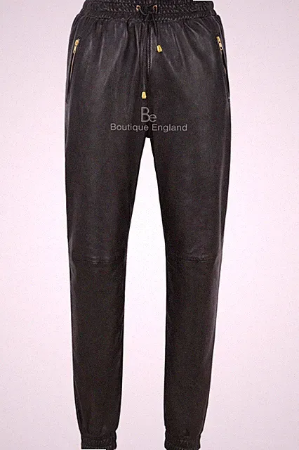 Herren Echt Leder Hose Schwarz Napa Sweat Track Pant Zip Jogginghose 3040