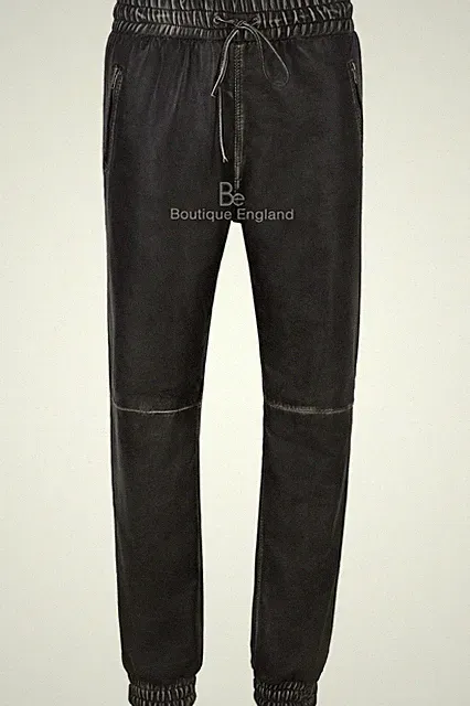 Herren Echt Leder Hose Sweat Track Schwarz Vintage Pant Zip Jogging Bottom 3040
