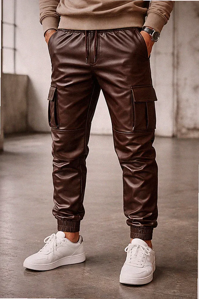 Herren Echt Schafsleder Cargo Jogginghose Dunkelbraun Weich Gefüttert Stylisc...