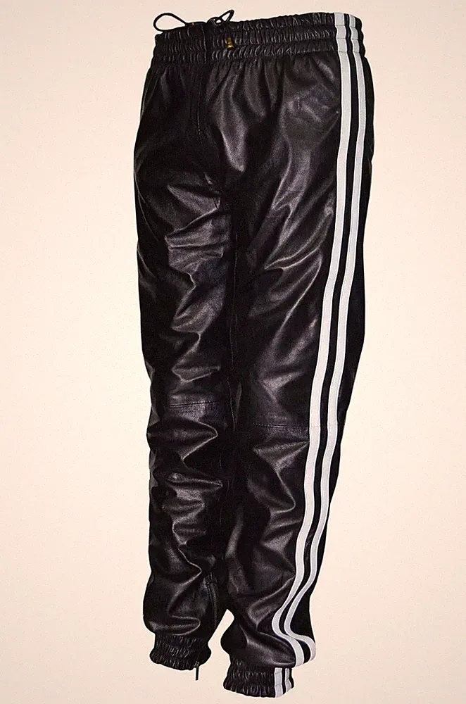 Herren Echt Schwarz Leder Jogginghose Track Style Weiß Streifen Elastische...