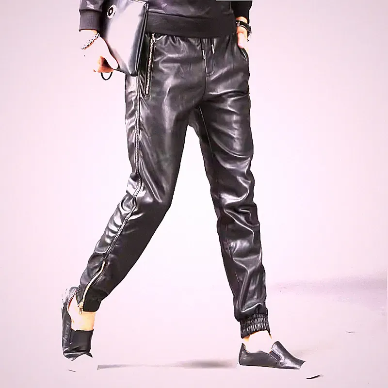Herren Echtleder Jogginghose Hose Schwarz Slim Fit Biker Knöchel...