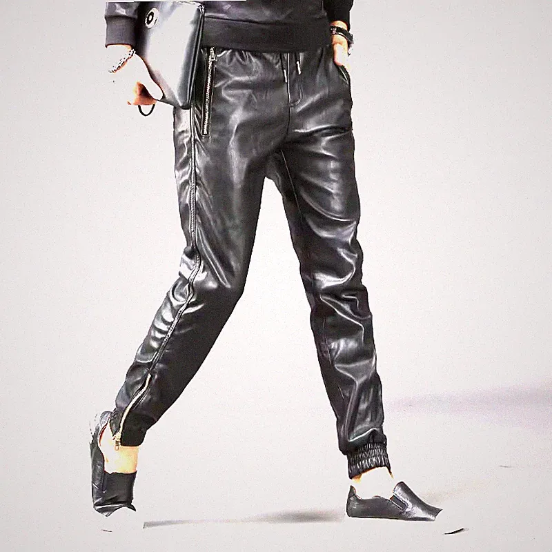 Herren Echtleder Jogginghose Hose Schwarz Slim Fit Biker Knöchel Reißverschlu...