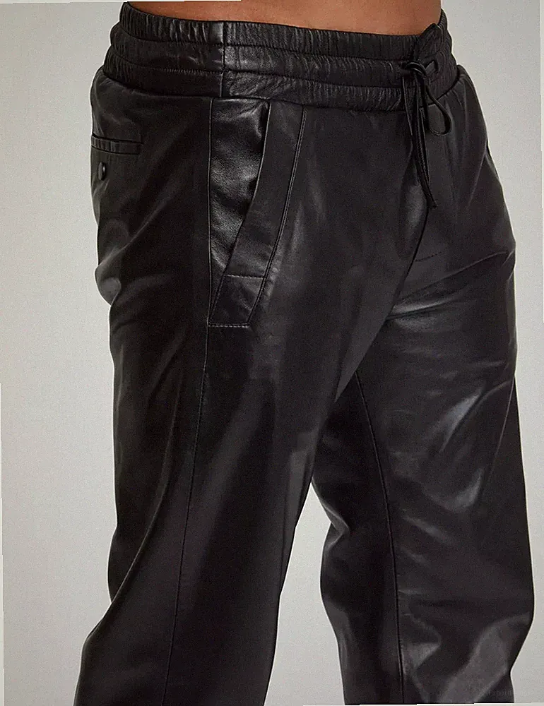Herren Echtleder Jogginghose Schwarz Elastischer Bund Freizeit Streetwear Hose