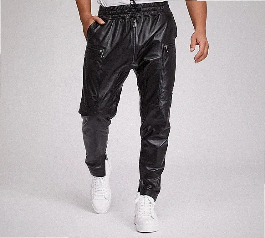 Herren Echtleder Jogginghose Schwarz Sweat Track Pant Reißverschlusstasche...
